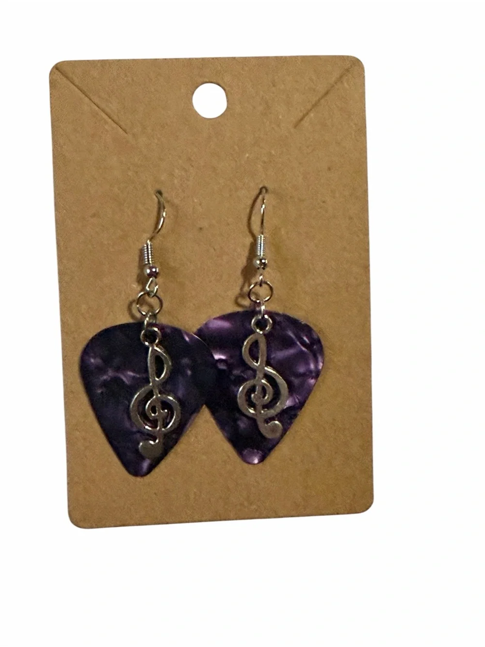 Purple Guitar Pick Earrings with Treble Clef Charm - Women Jewelry